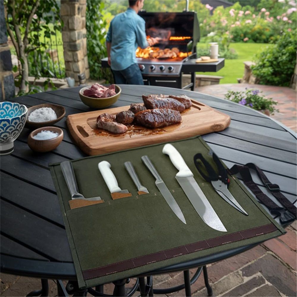 Chef’s Knife Roll Case, Waxed Canvas Cutlery Knives Holders Protectors, Home view 4