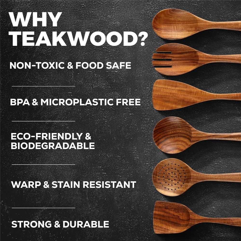 6 Piece Wooden Spoons for Cooking – Natural Teak Wooden Utensil Set view 2