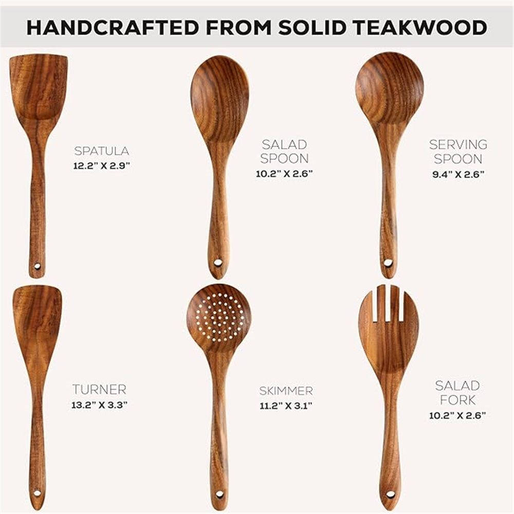 6 Piece Wooden Spoons for Cooking – Natural Teak Wooden Utensil Set view 5