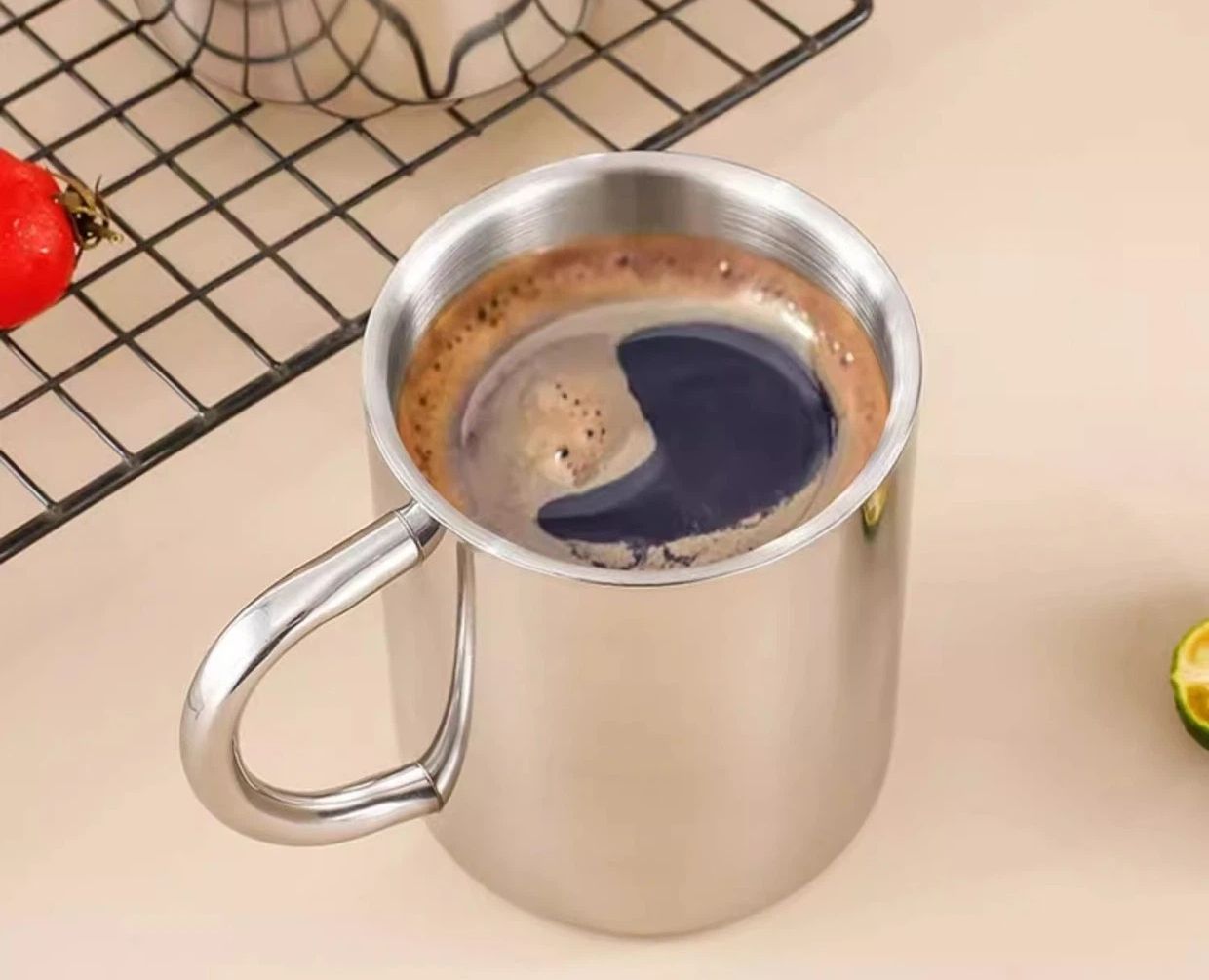 Stainless Steel Coffee Mug With Lid And Handle 200ml Unbreakable Cup Double view 3