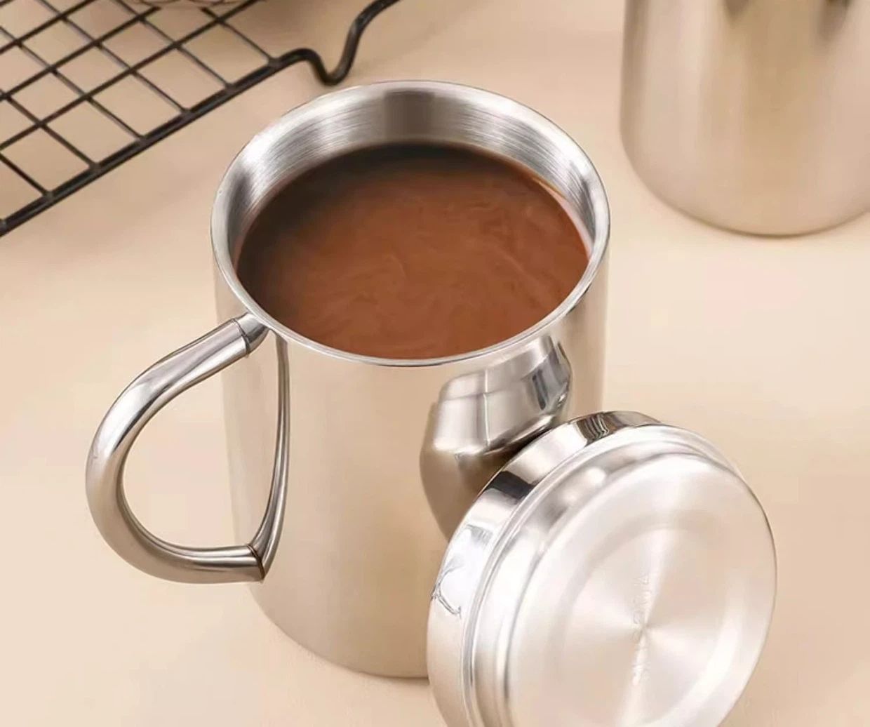 Stainless Steel Coffee Mug With Lid And Handle 200ml Unbreakable Cup Double view 4