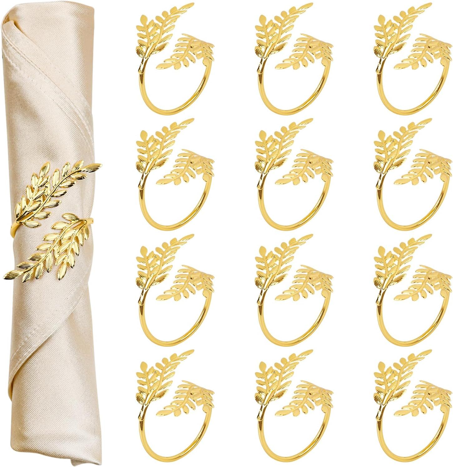 Gold Napkin Rings Set of 12 Metal Napkin Holder for Table Wheat Sheaf Napkin