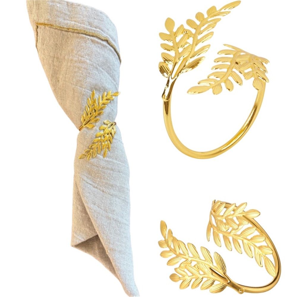 Gold Napkin Rings Set of 12 Metal Napkin Holder for Table Wheat Sheaf Napkin view 2
