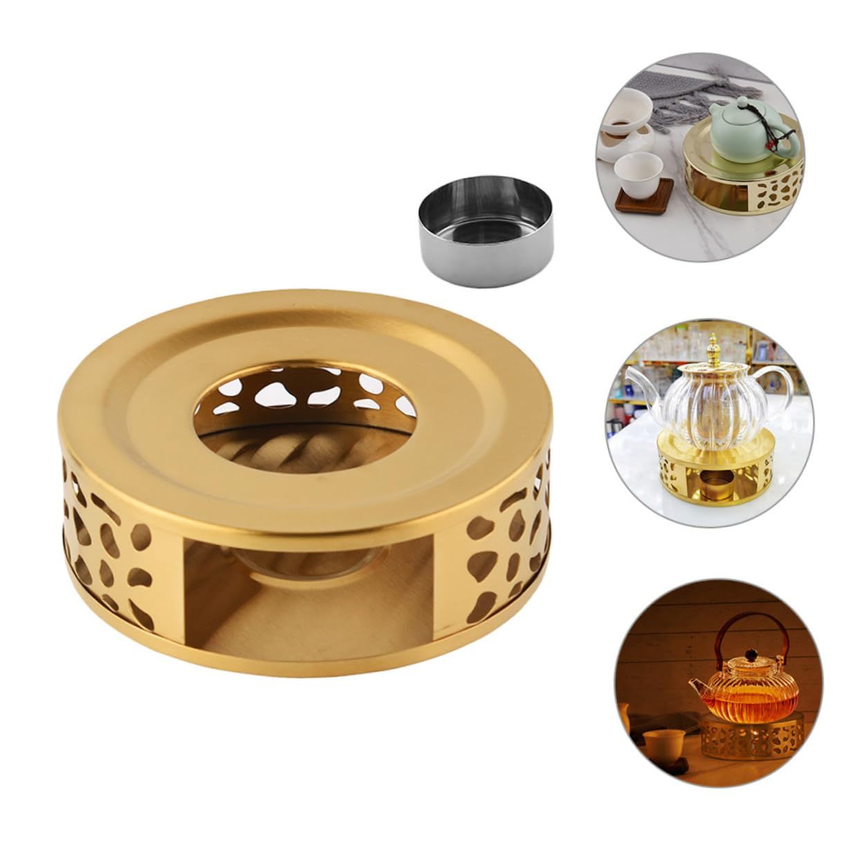 Stainless Steel Round Teapot Heater Base with Tealight Holder Portable Tea view 2