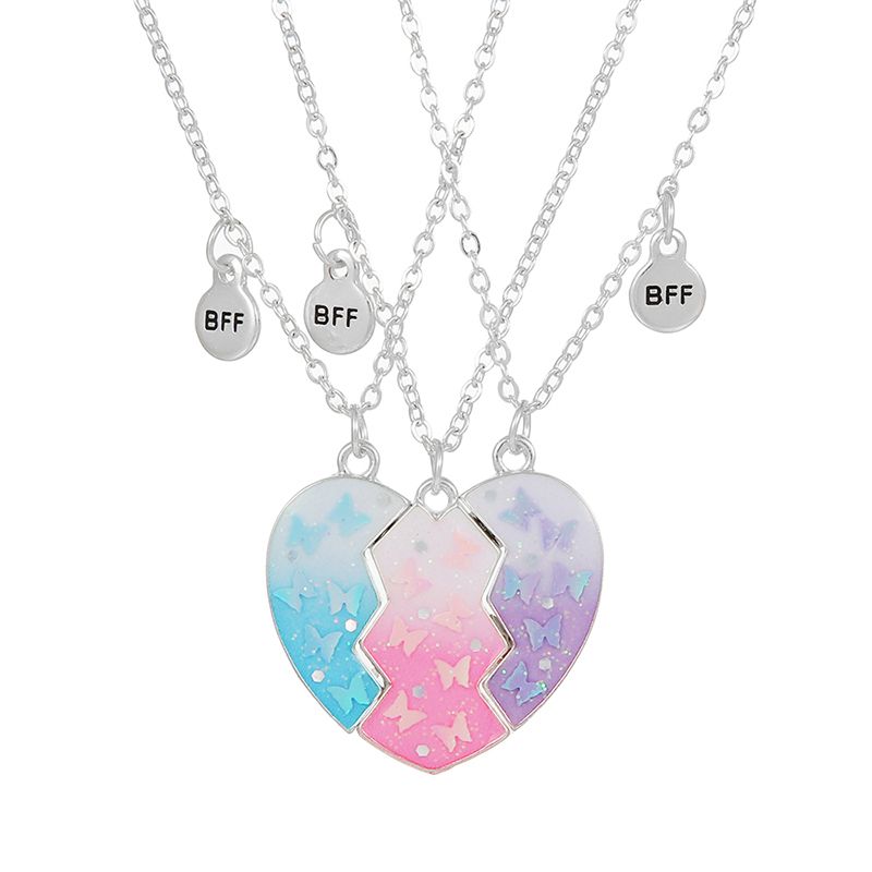 3Pcs/set Silver Heart Necklaces with Butterflies and Glitter for Girls Friends