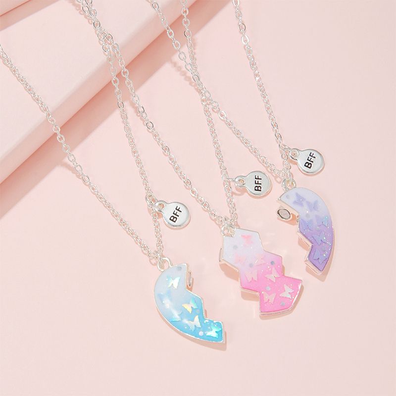 3Pcs/set Silver Heart Necklaces with Butterflies and Glitter for Girls Friends view 3
