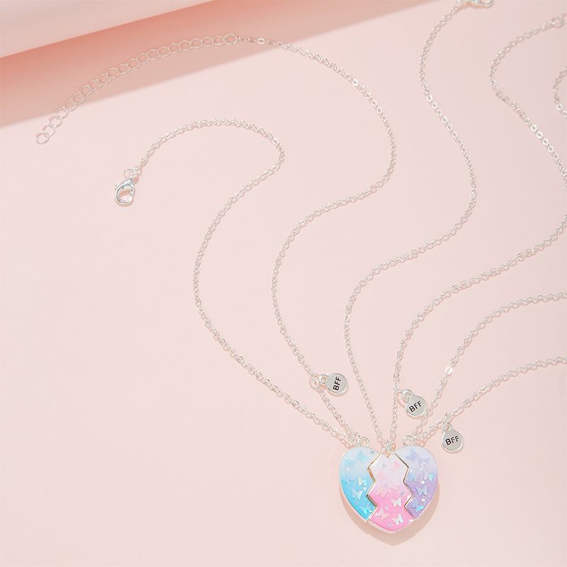 3Pcs/set Silver Heart Necklaces with Butterflies and Glitter for Girls Friends view 4