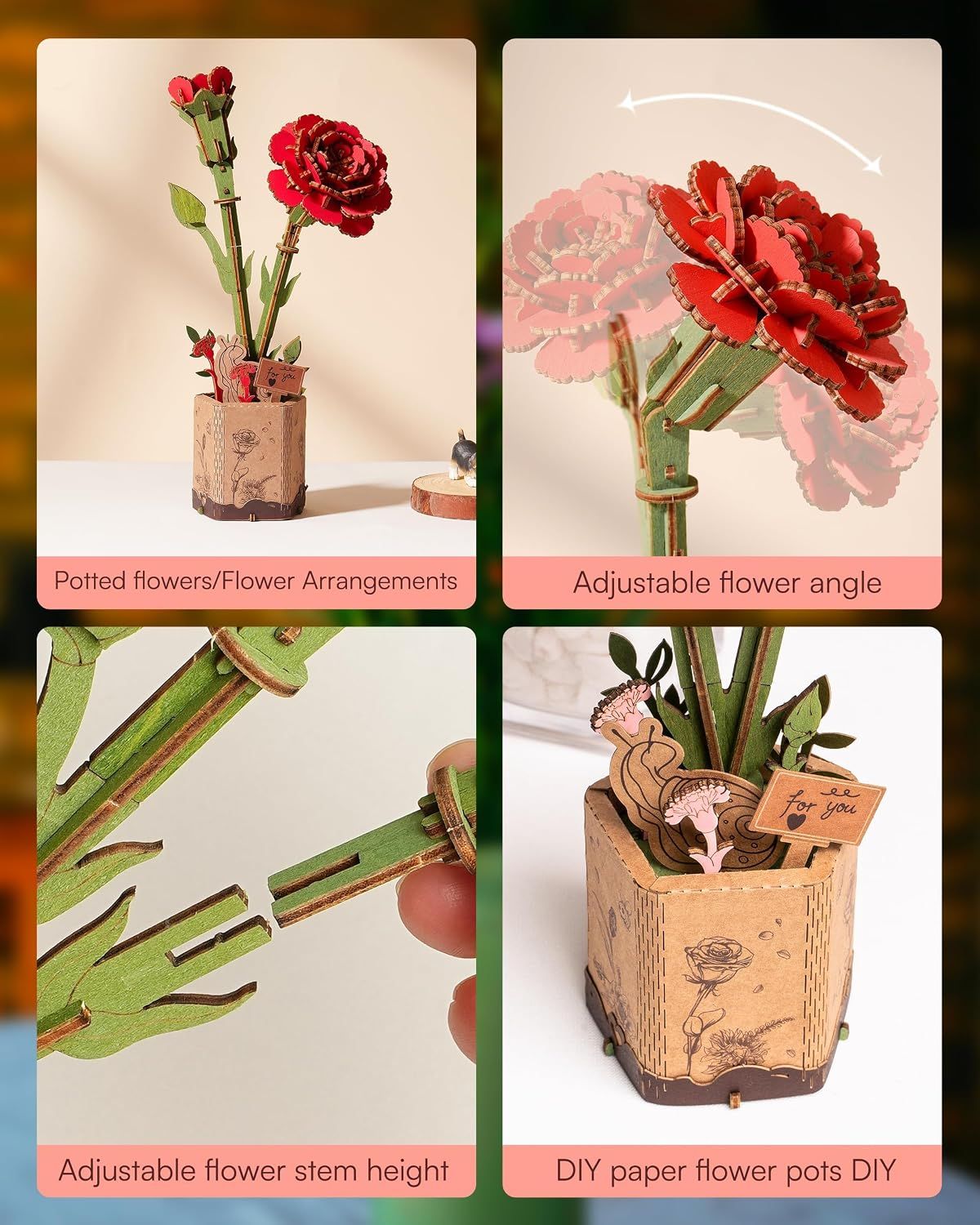 3D Flower Wooden Puzzles for Adults-Red Carnation view 4