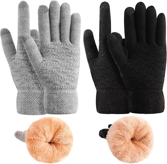 2 Pack Women's Winter Warm Touch Screen Gloves Womens Thermal Cable Knit Wool