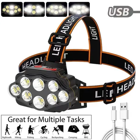 Headlamp Rechargeable, 2000 Lumen Super Bright 8 LED Head Lamp, 4 Modes