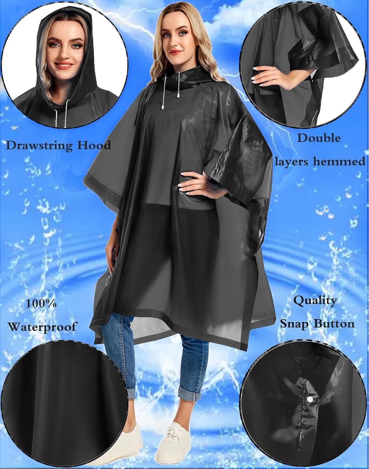 2 Pack Rain Ponchos for Adults Reusable - Raincoats Survival Emergency Heavy view 3