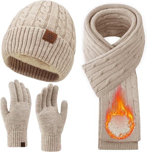 Womens Winter Beanie Hat Scarf Gloves Set