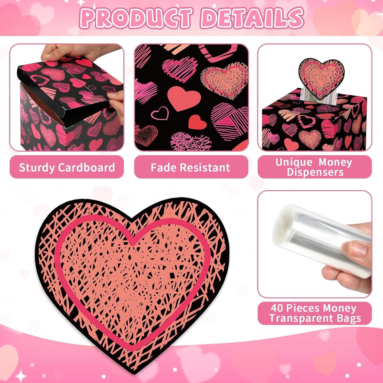 Valentine's Day Money Box for Cash Pull Pink & Red Money Pull Box for Cash view 4