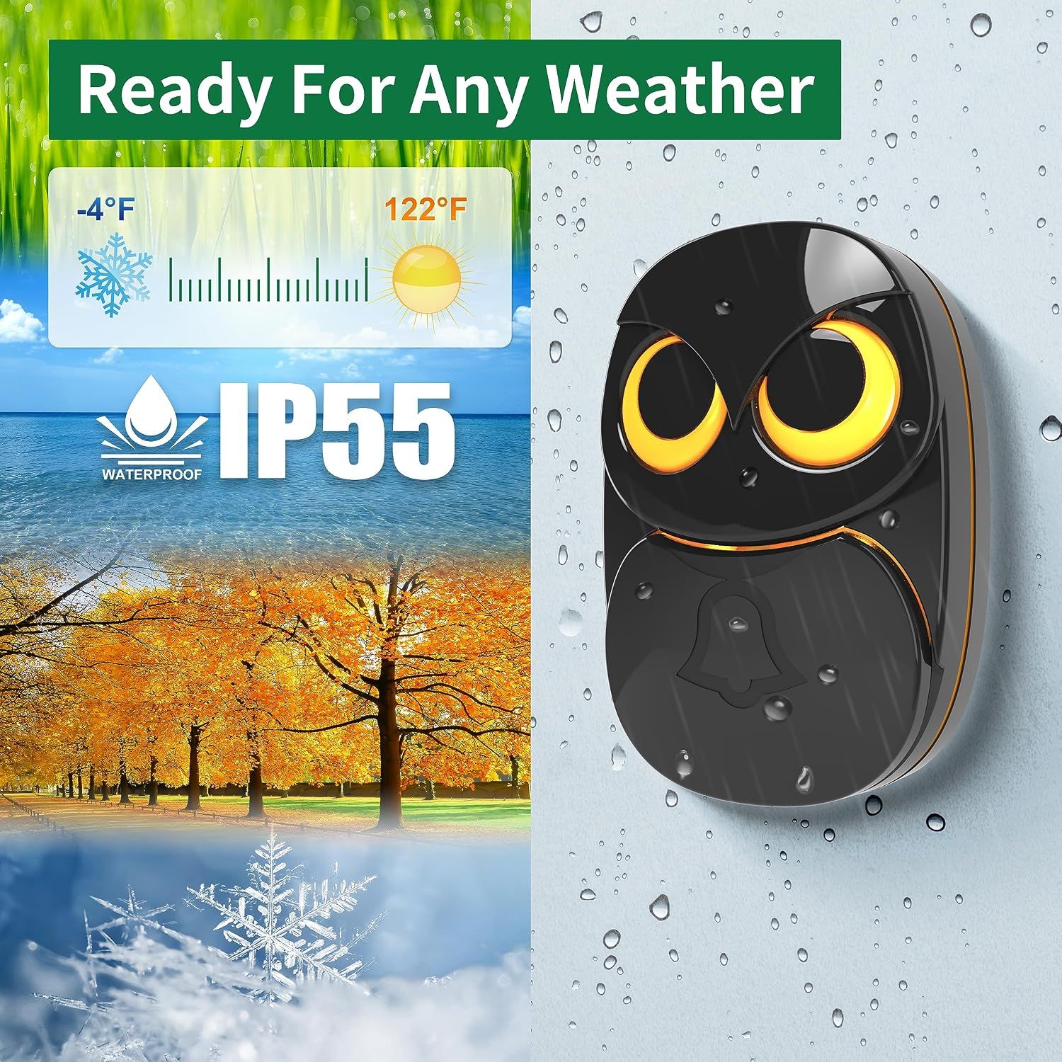Wireless Doorbell, Cute Owl Doorbell Weatherproof IP55 Outdoor Remote Push view 2