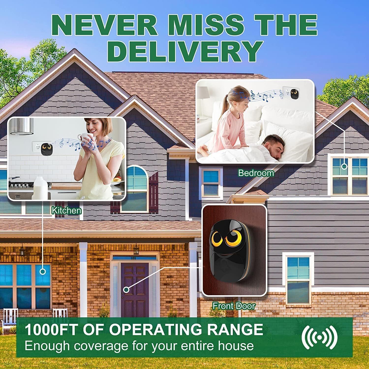 Wireless Doorbell, Cute Owl Doorbell Weatherproof IP55 Outdoor Remote Push view 5