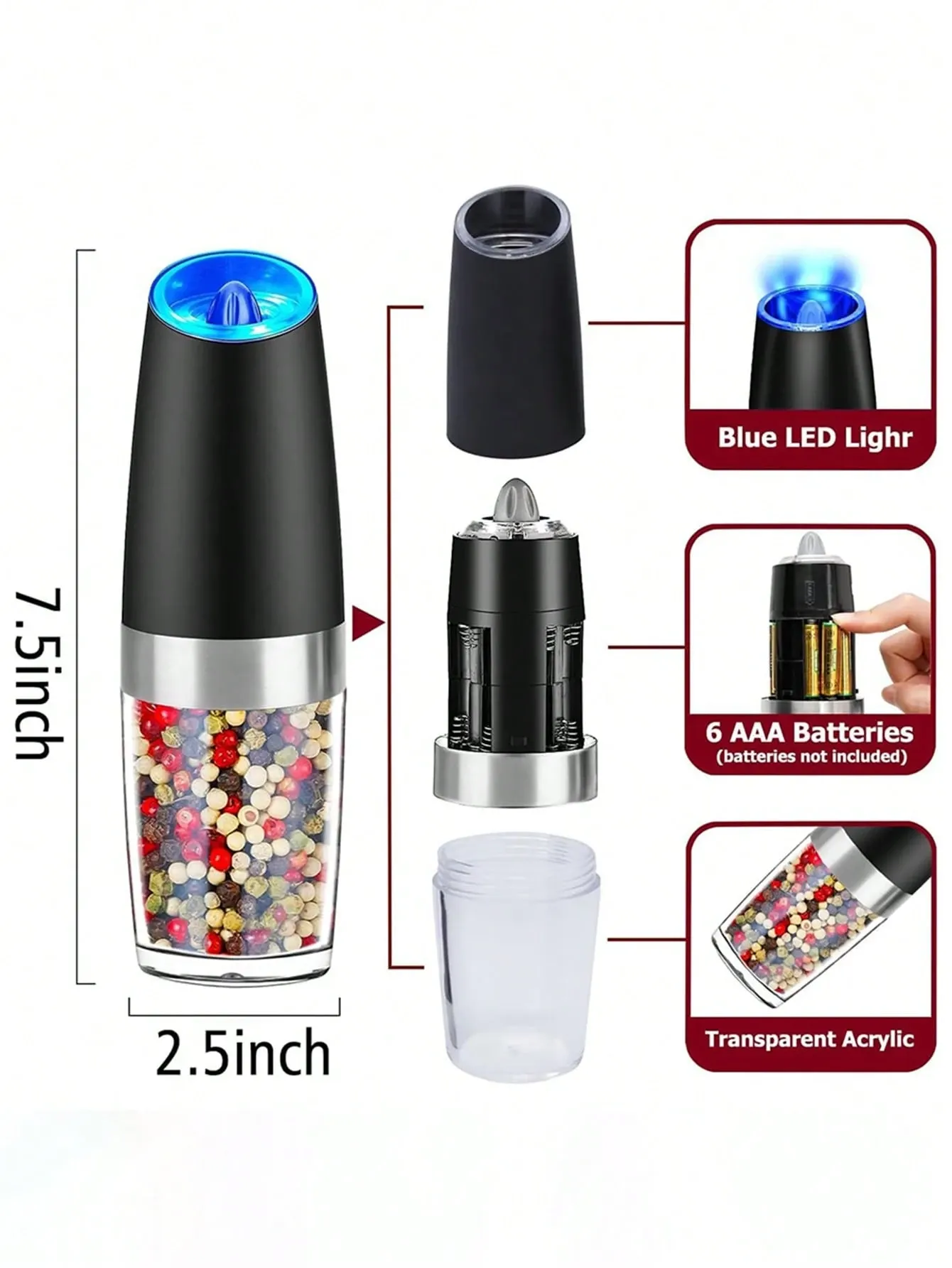 1pcs Gravity Electric Salt Pepper Grinder Set LED Lights Battery Powered One view 2