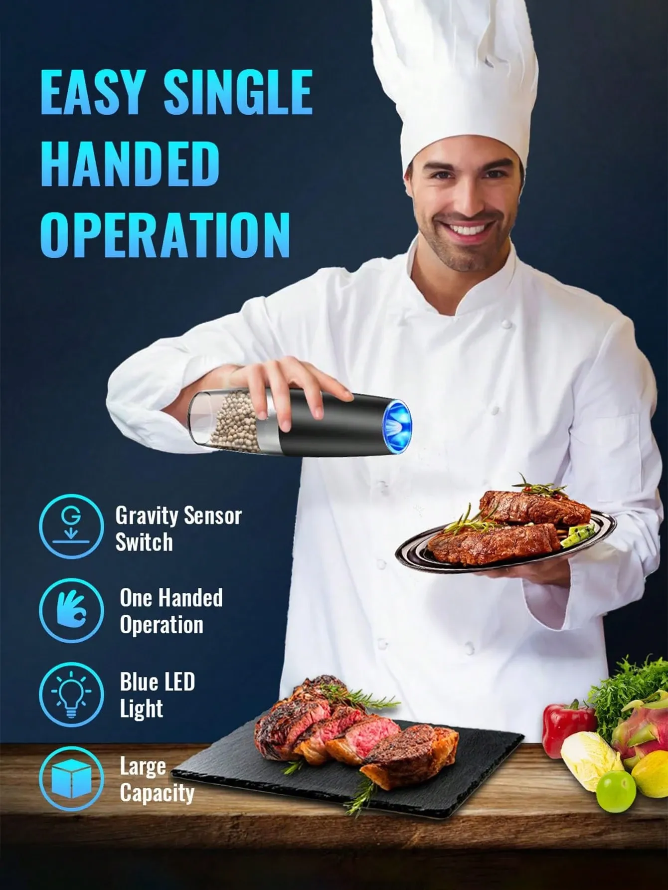 1pcs Gravity Electric Salt Pepper Grinder Set LED Lights Battery Powered One view 3