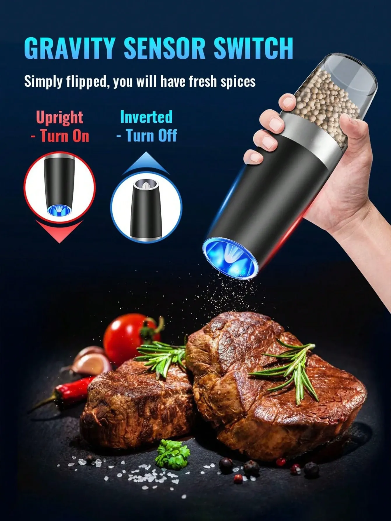 1pcs Gravity Electric Salt Pepper Grinder Set LED Lights Battery Powered One view 4