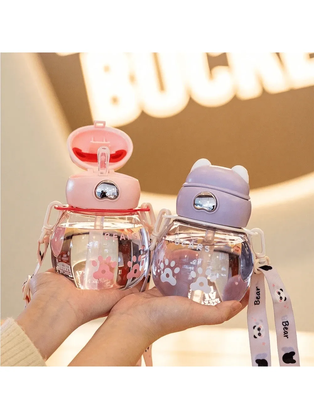 Mini Cute Cup With Straw Shoulder Strap Outdoor Sports Water Bottle Available view 2