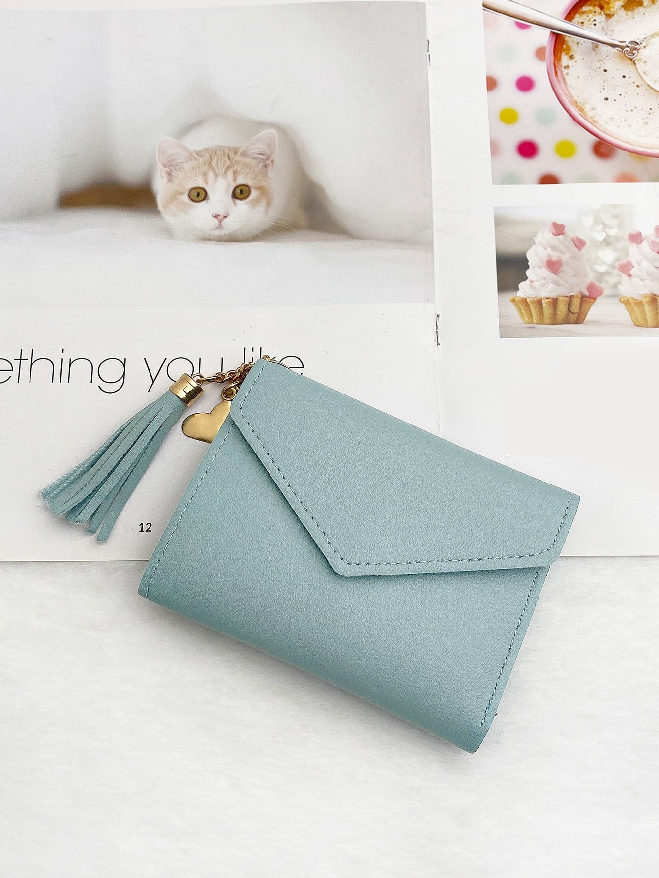 Tassel Decor Fold Over Credit Card Small ID Window Slim Women Wallet Mini view 2