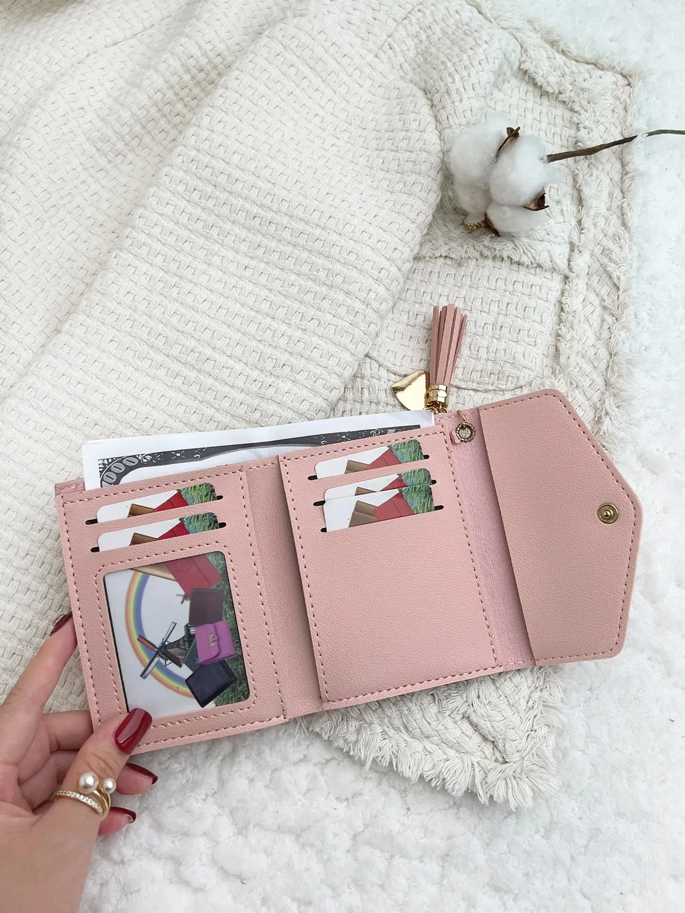Tassel Decor Stitch Detail Credit Card Small ID Window Slim Women Wallet Mini view 3
