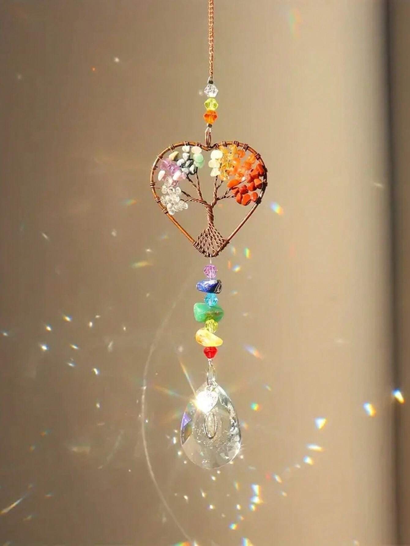 1PC Rainbow Sun Catcher Tree Of Life Heart Shaped Ornament Chakra Wheel Stone view 2