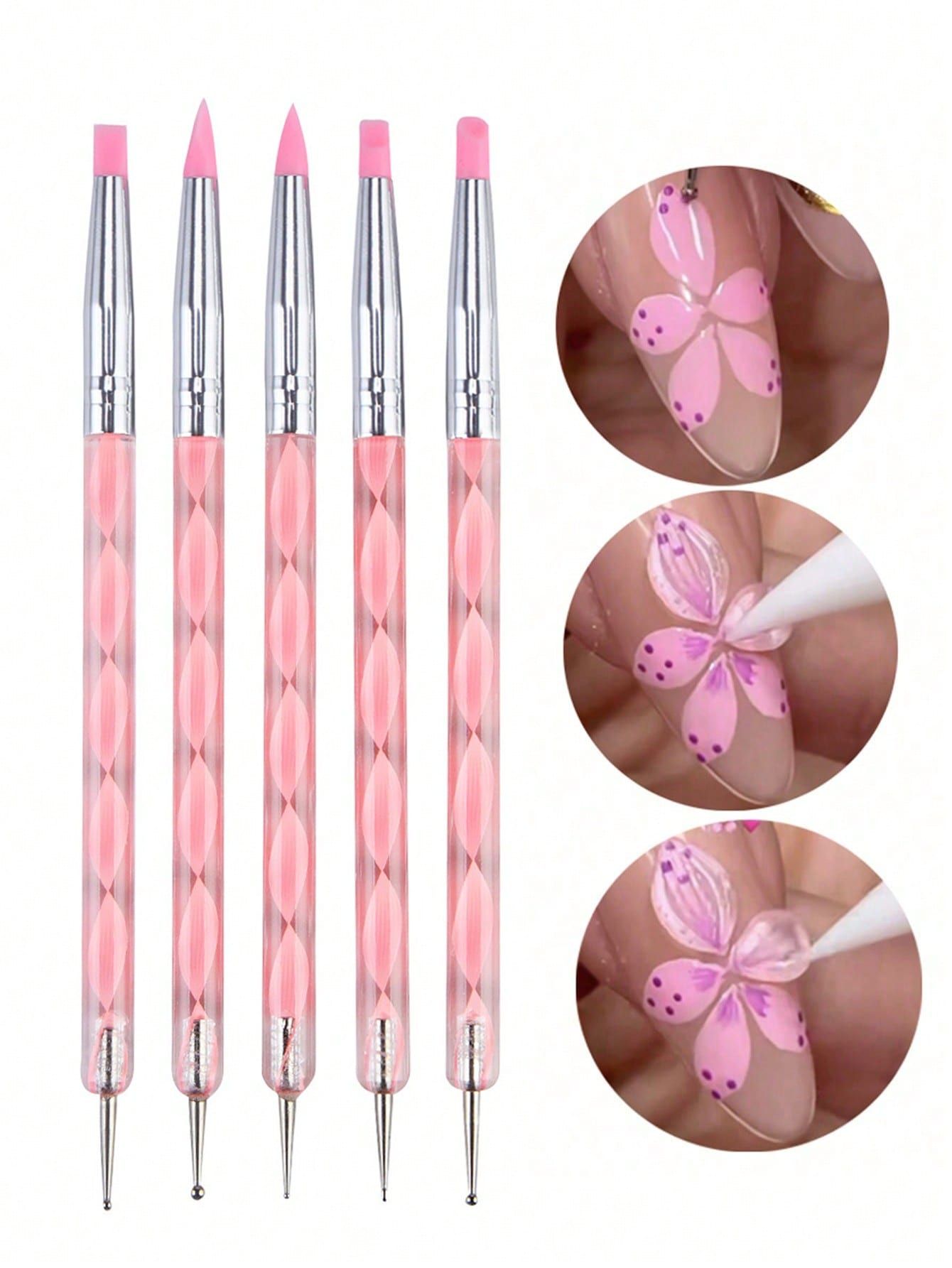 5Pcs Acrylic Nail Art Silicone Brush Pink Carving Painting Tips UV Gel DIY