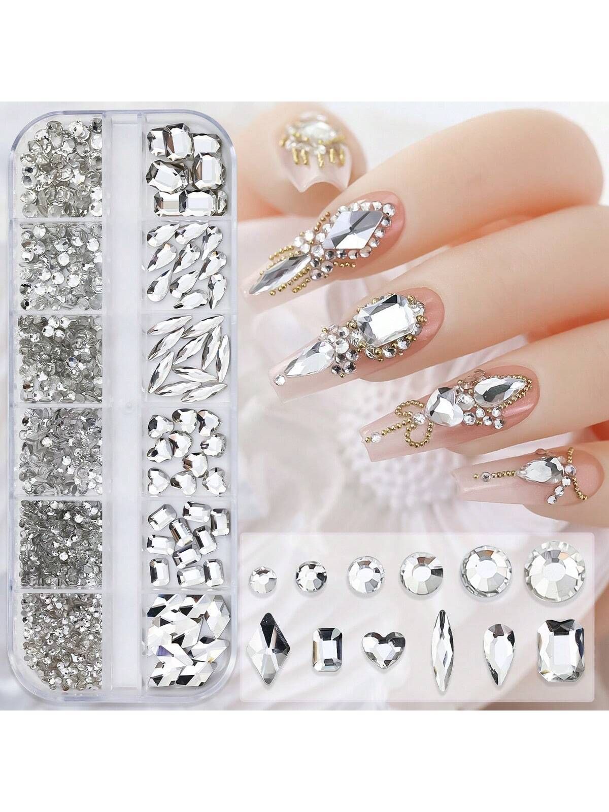 12 Grids Clear Nail Art Rhinestones 6 Types White Diamonds 6 Sizes Flat view 2