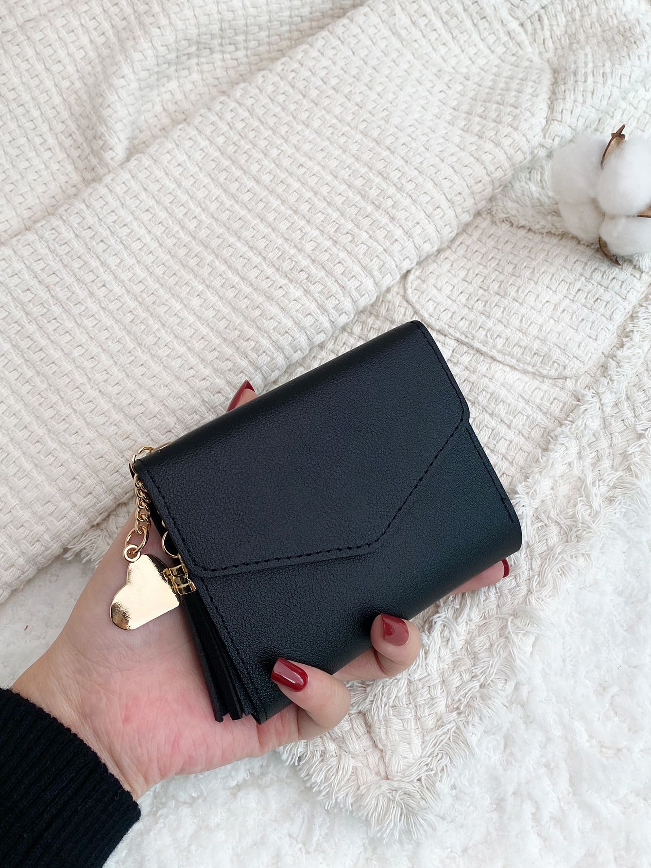 Metal Heart Tassel Decor Coin Pocket Small Bi Fold Women Wallet Mini
