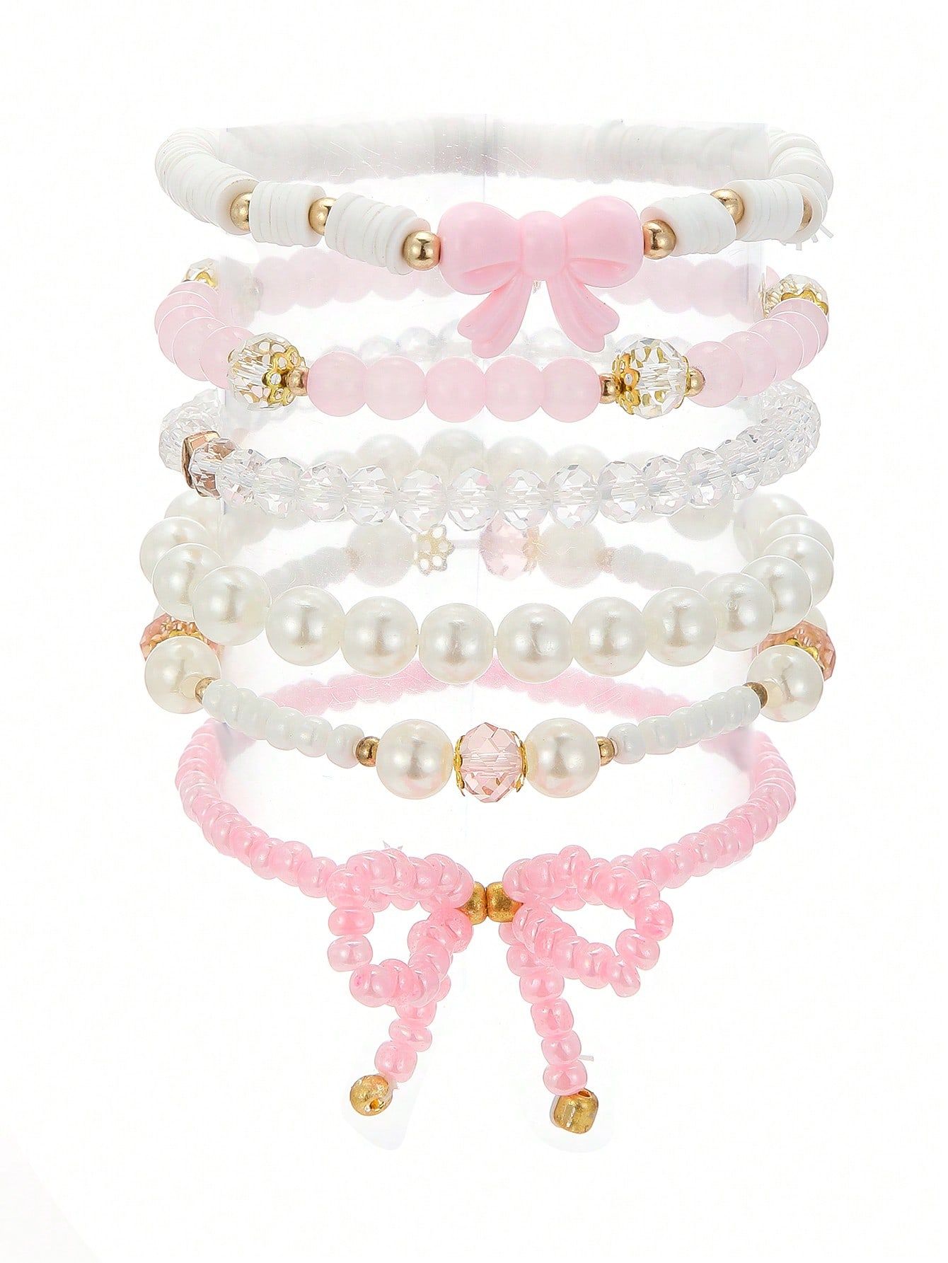 6pcs Set Cute Faux Pearl Crystal Beaded Bowknot Bracelet Set For Girls