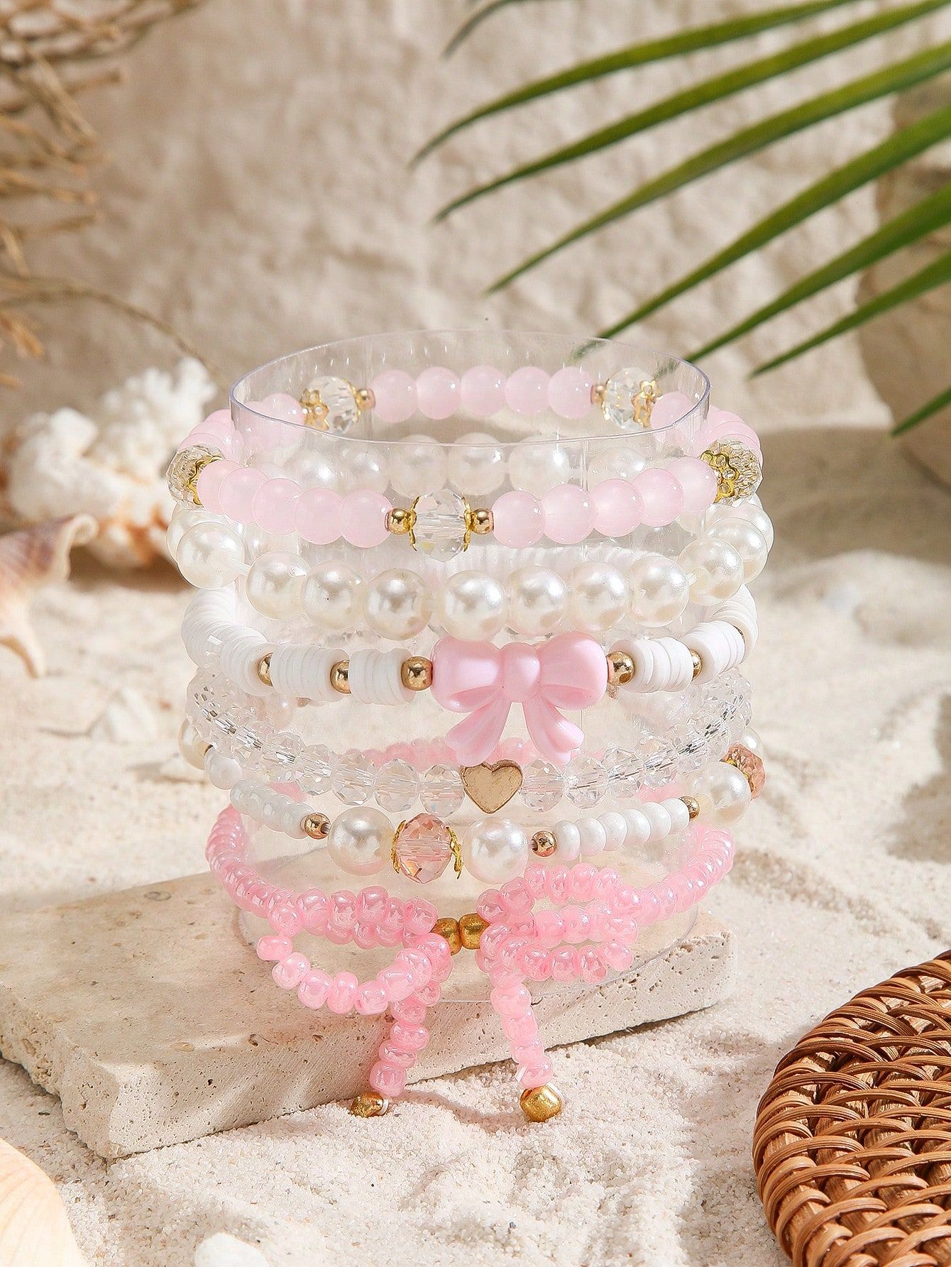 6pcs Set Cute Faux Pearl Crystal Beaded Bowknot Bracelet Set For Girls view 2