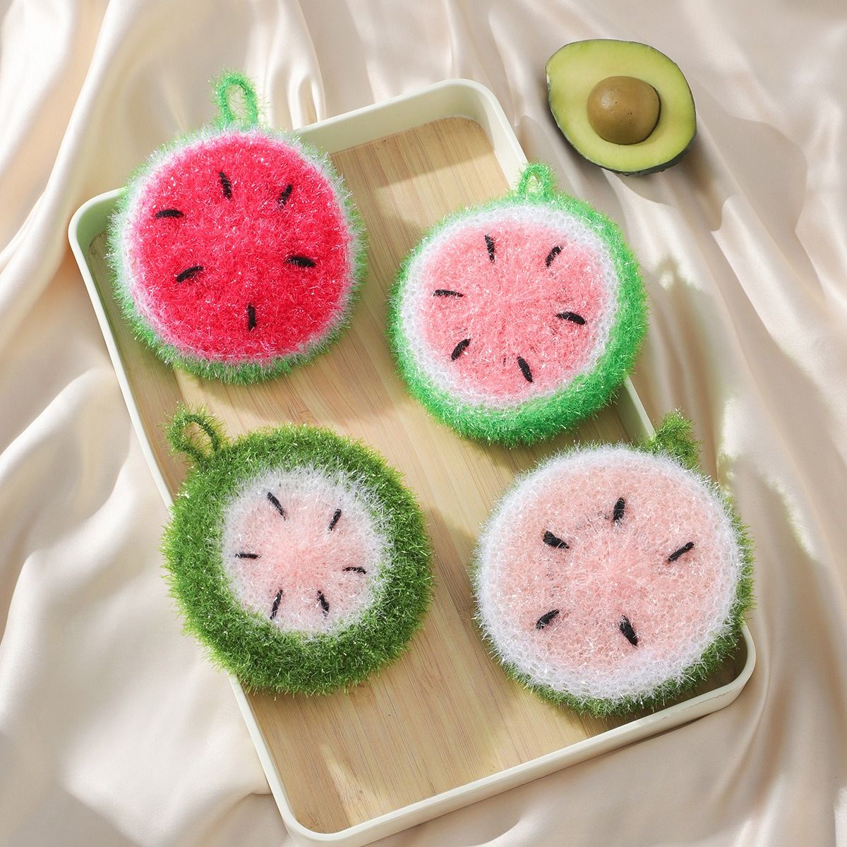 4pcs Random Color Watermelon Dishwashing Brush Acrylic Dishwashing Towel Round
