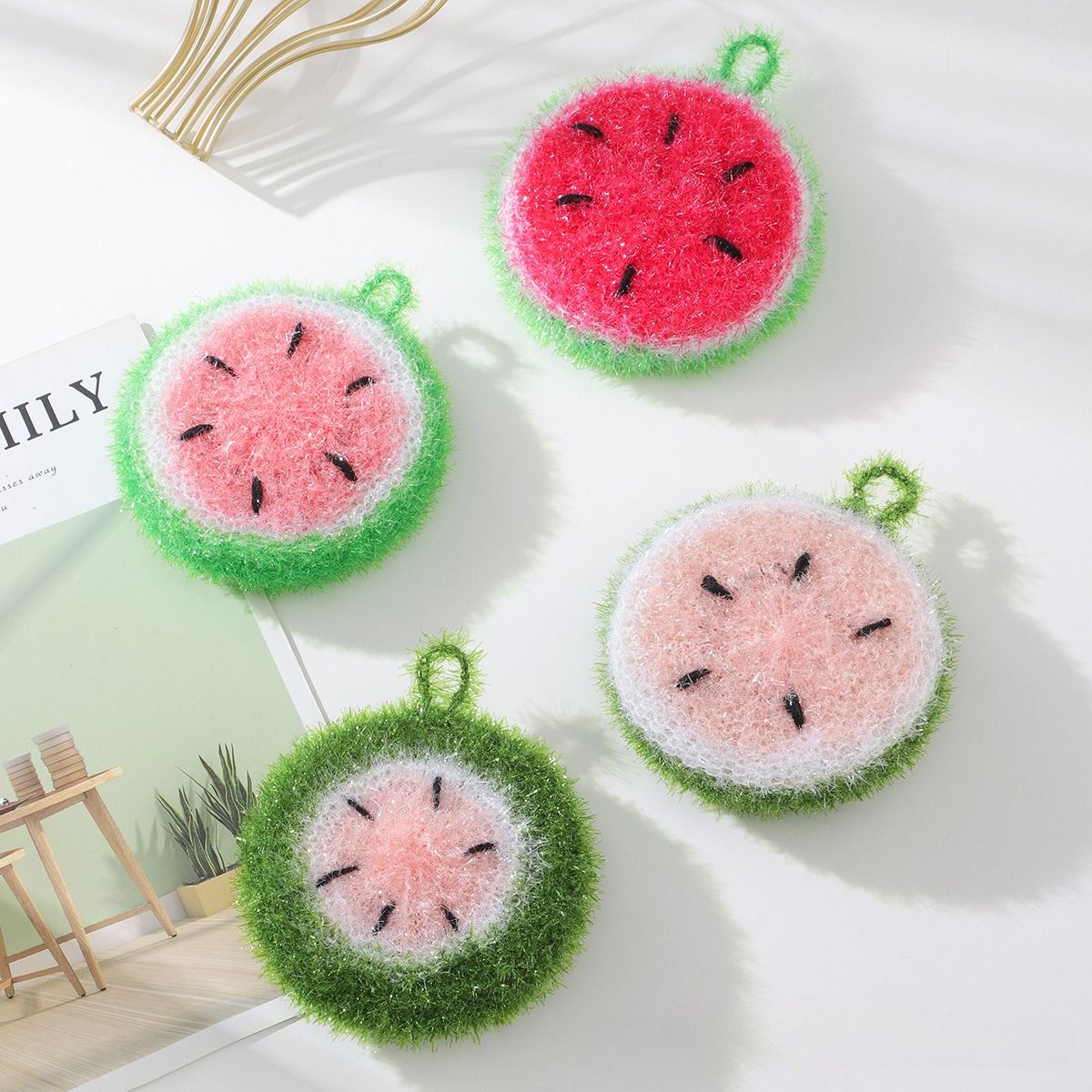 4pcs Random Color Watermelon Dishwashing Brush Acrylic Dishwashing Towel Round view 4