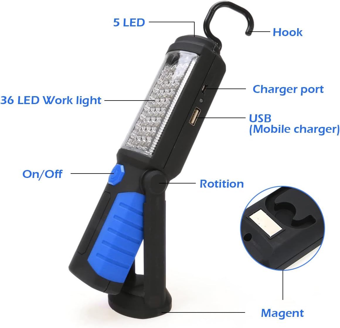 Multi-Function LED Work Light - USB Rechargeable Magnetic Flashlight with 360° view 2