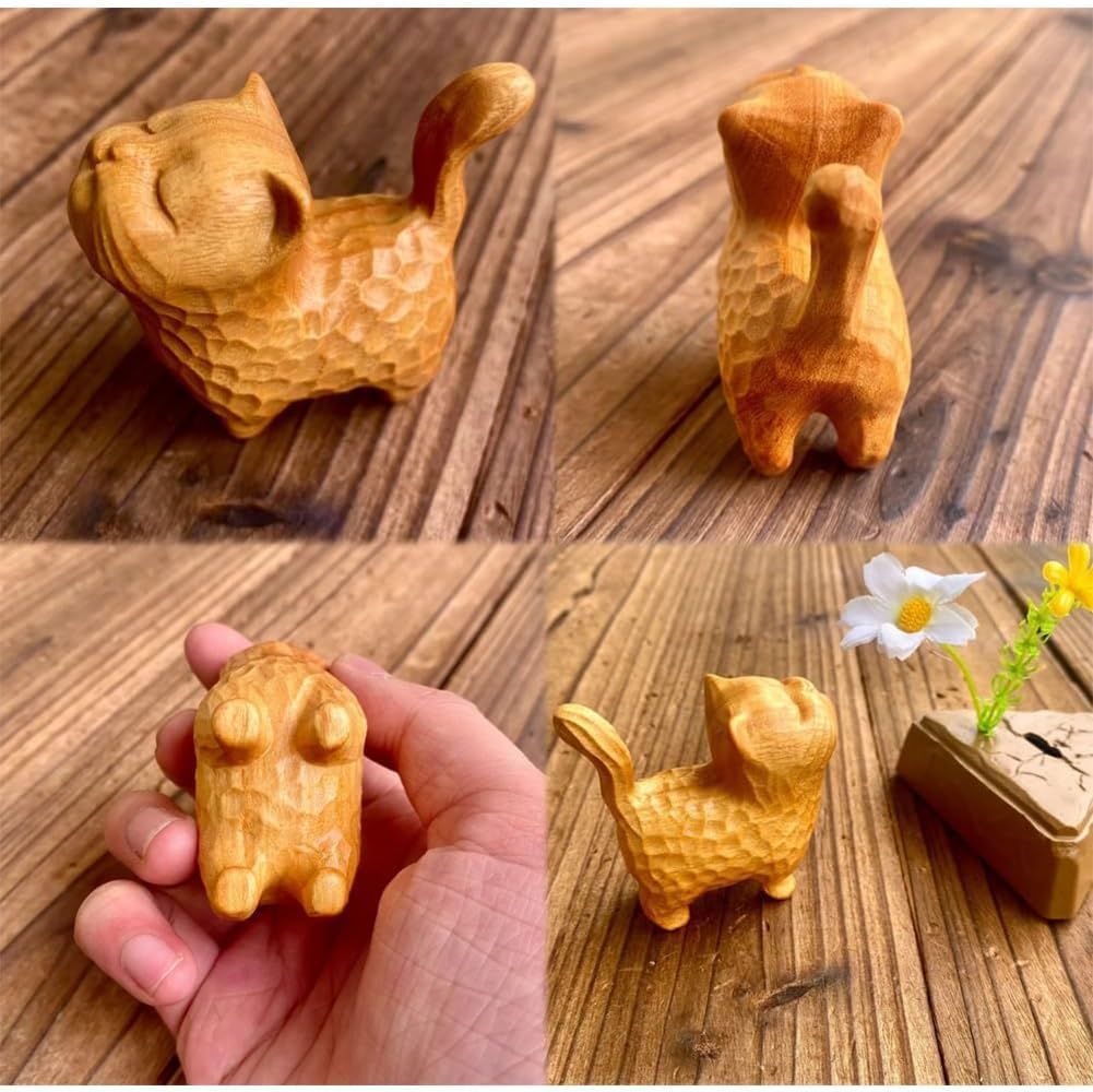 Tiny Cute Wooden Cat, Carved Wooden Model Handmade Cute Cat, Handmade Wood Cat view 4