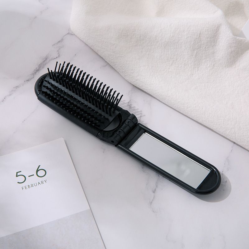 Black 1pc Folding Hair Brush with Mirror Portable Mini Hair Brush Small