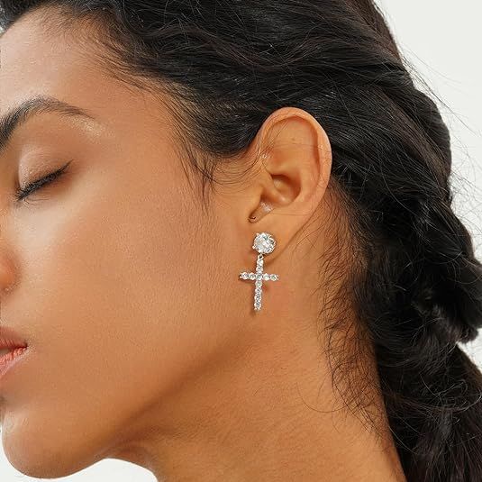 Dangle Earrings 15A+ Cubic Zirconia Cartilage Hypoallergenic silvery Cross view 3