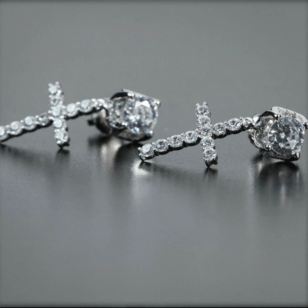 Dangle Earrings 15A+ Cubic Zirconia Cartilage Hypoallergenic silvery Cross view 4