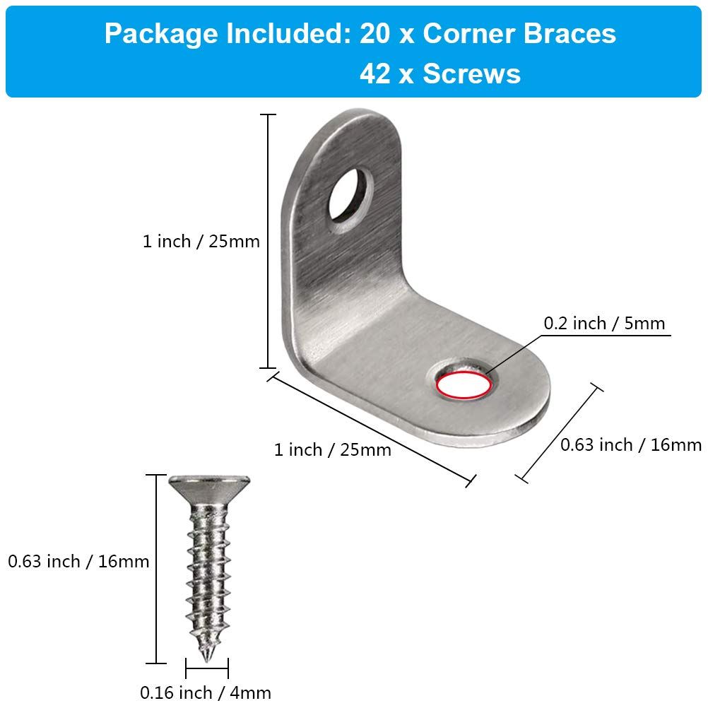 20 PCS Corner Braces 25mm x 25mm Stainless Steel 90 Degree Joints Right Angle — image 1