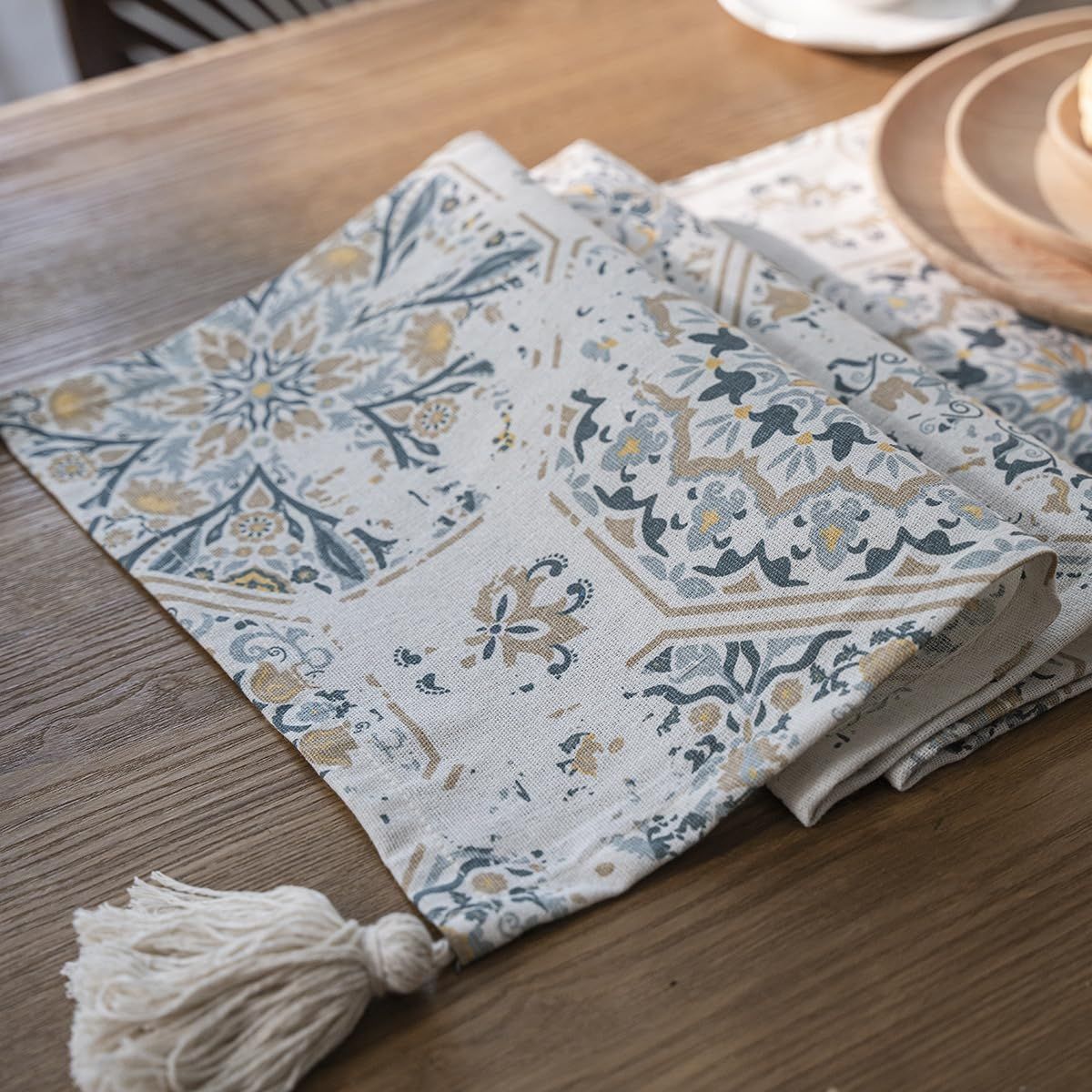 Vintage Tile Print Table Runner with Tassels Farmhouse Rustic Table Runner for
