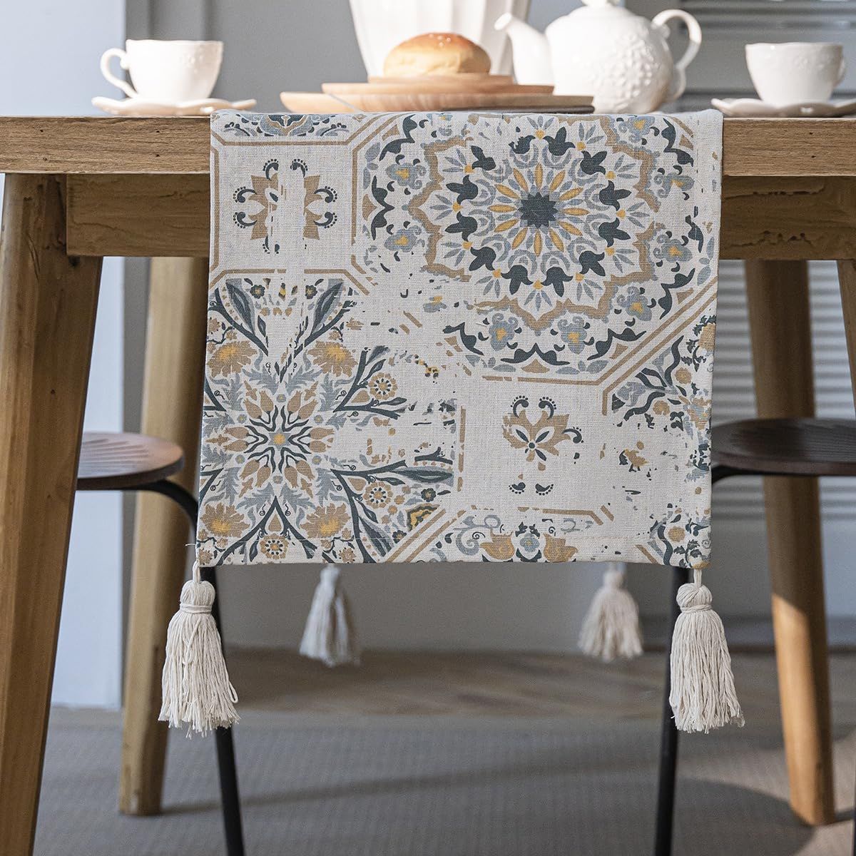 Vintage Tile Print Table Runner with Tassels Farmhouse Rustic Table Runner for view 2