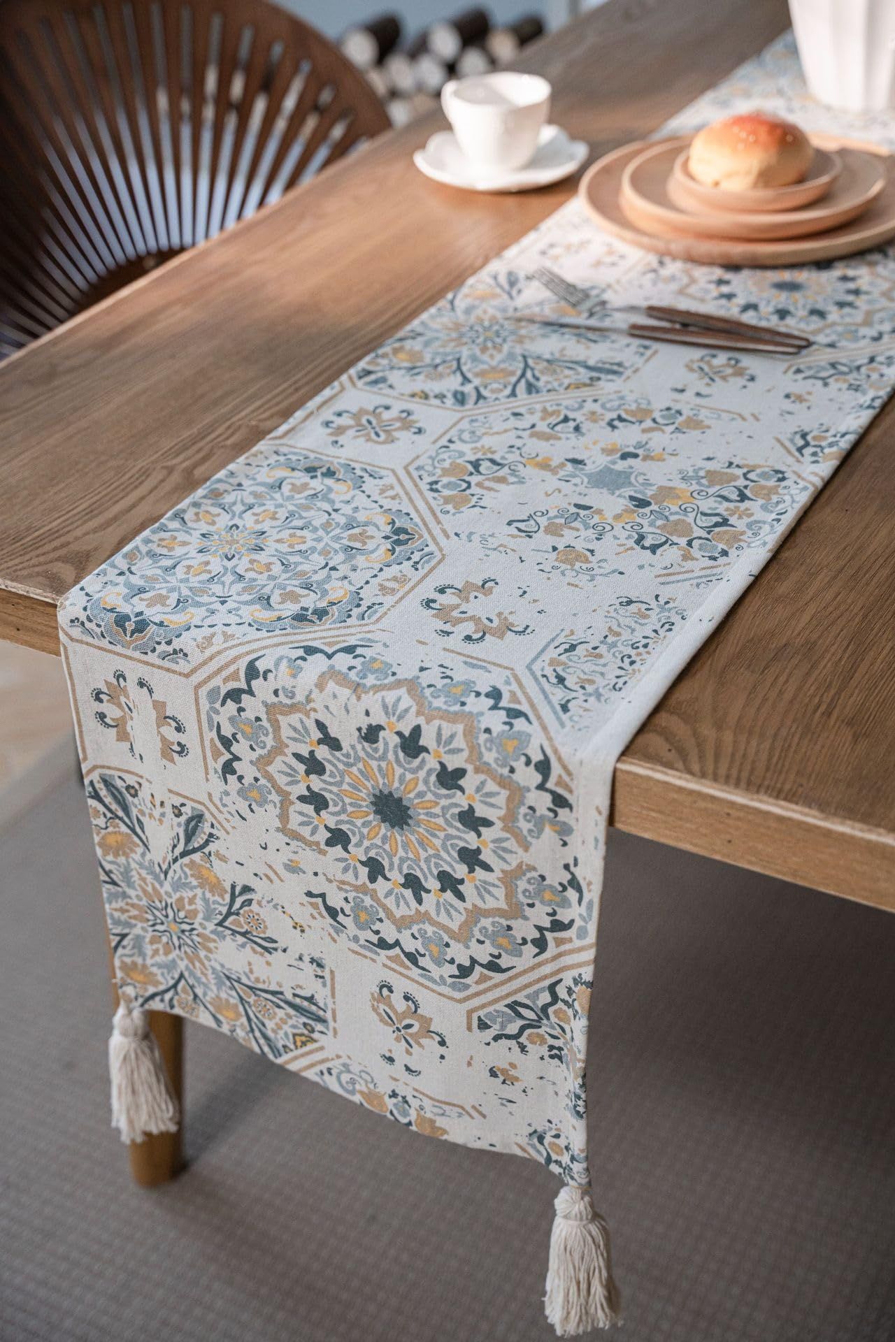 Vintage Tile Print Table Runner with Tassels Farmhouse Rustic Table Runner for view 3