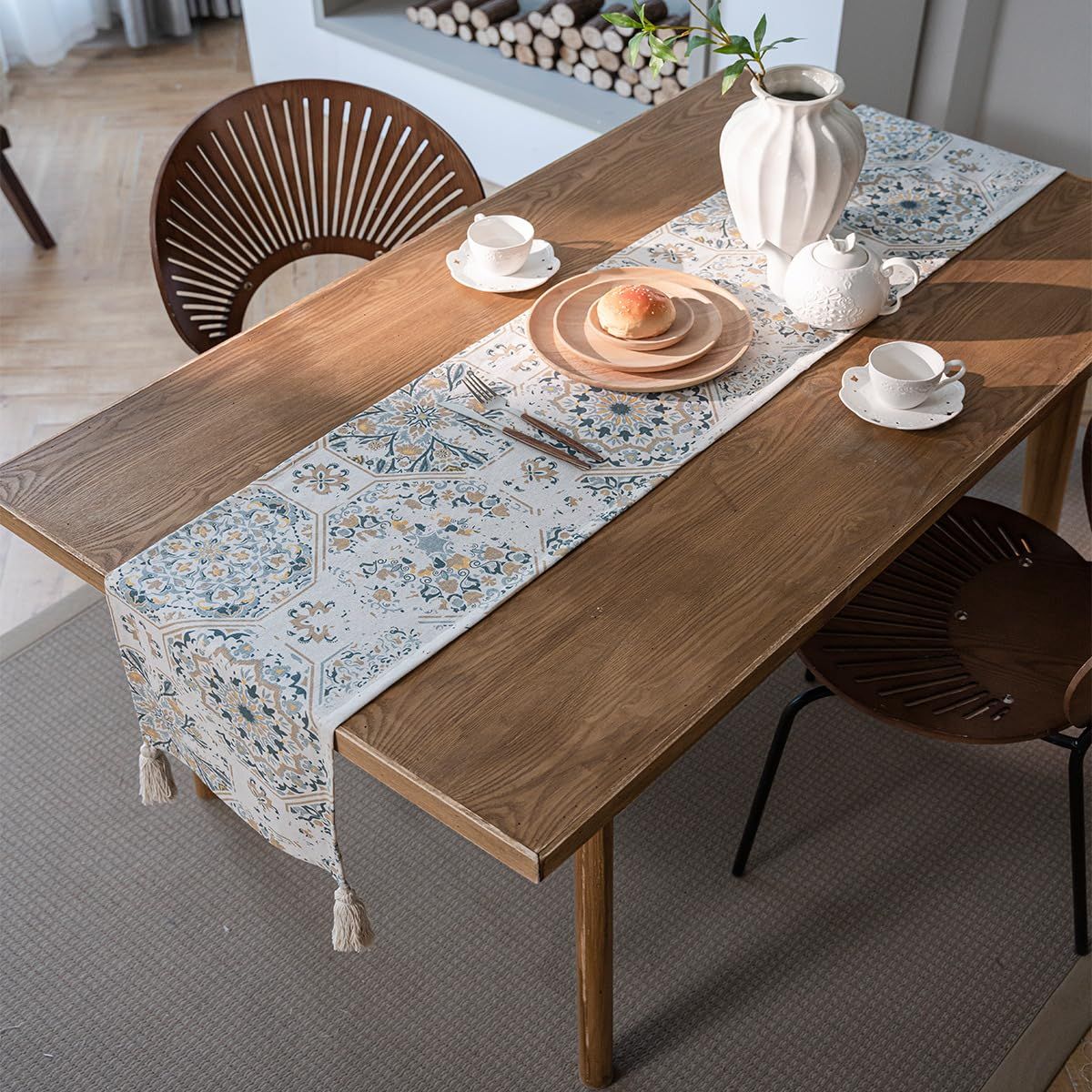 Vintage Tile Print Table Runner with Tassels Farmhouse Rustic Table Runner for view 4