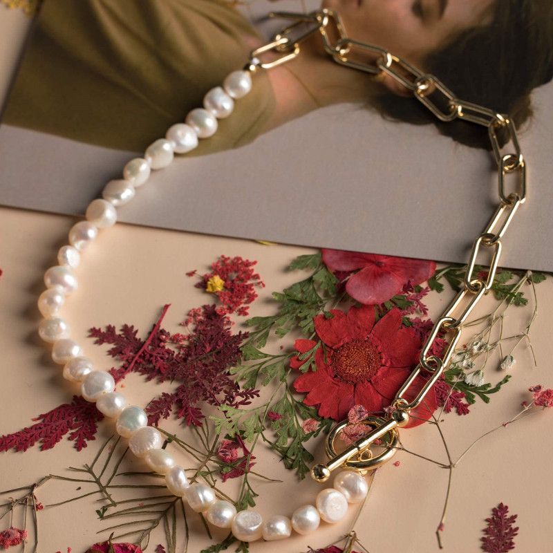 Pearl Necklace Vintage Chunky Link Chain Cultured Pearls Choker Fashion Retro view 2