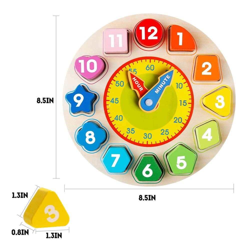 Wooden Shape Color Sorting Clock- Teaching Time Number Blocks Clock Shape