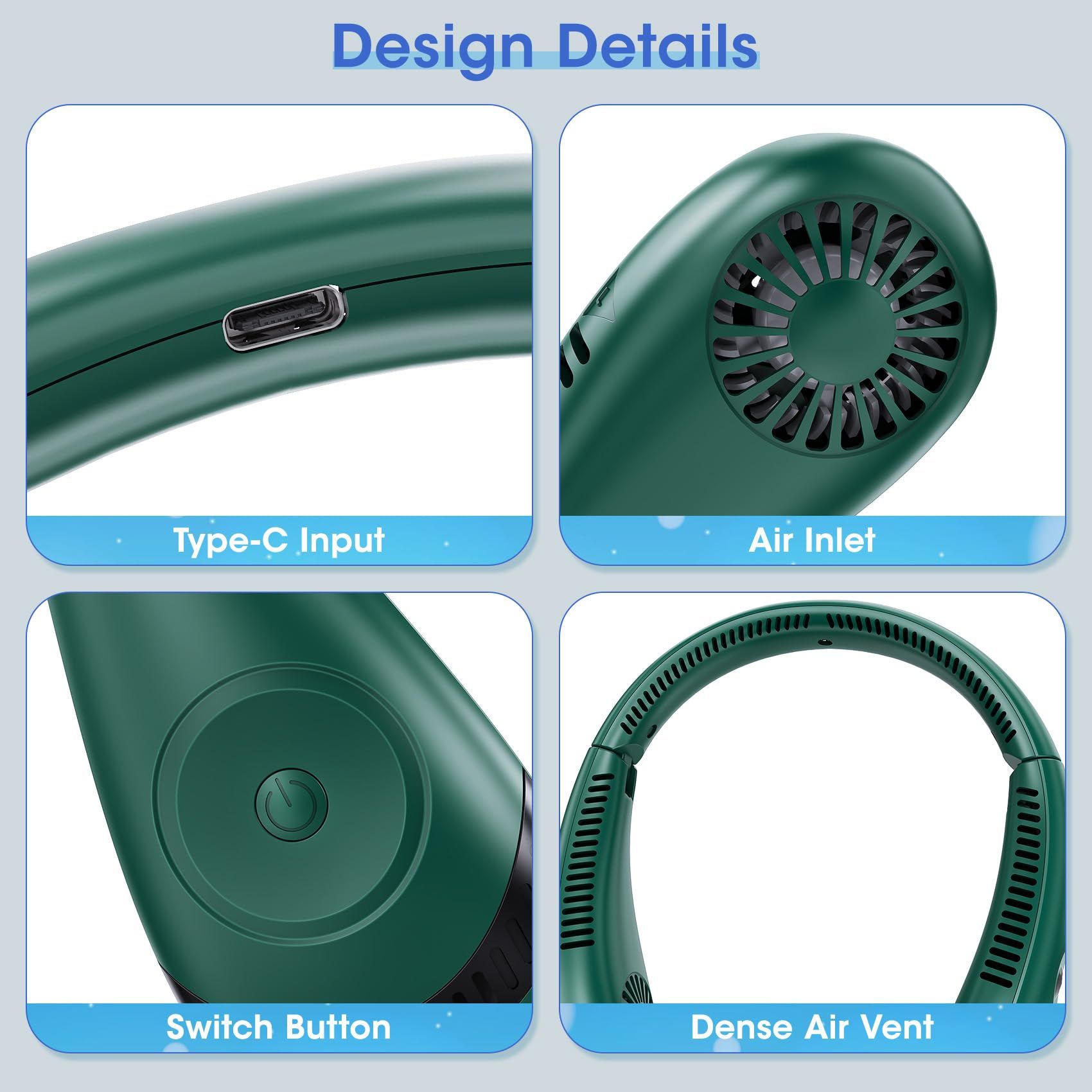 Portable Neck Fan, Bladeless Neck Fan Rechargeable with 5000mAh Battery, 360°