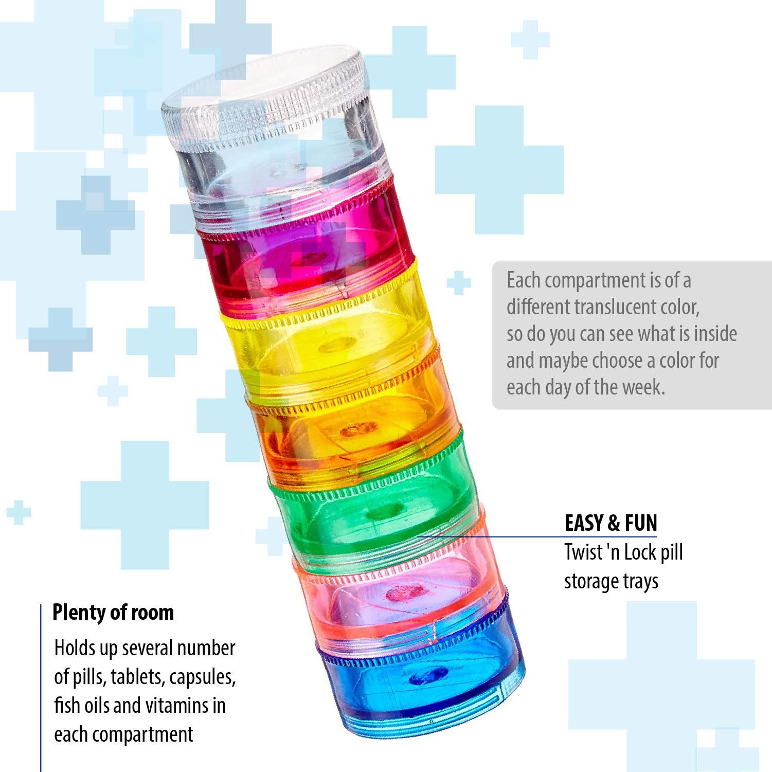 2 Pack Rainbow 7 Day Stackable Pill Organizer case Small (Seven Day Weekly view 3