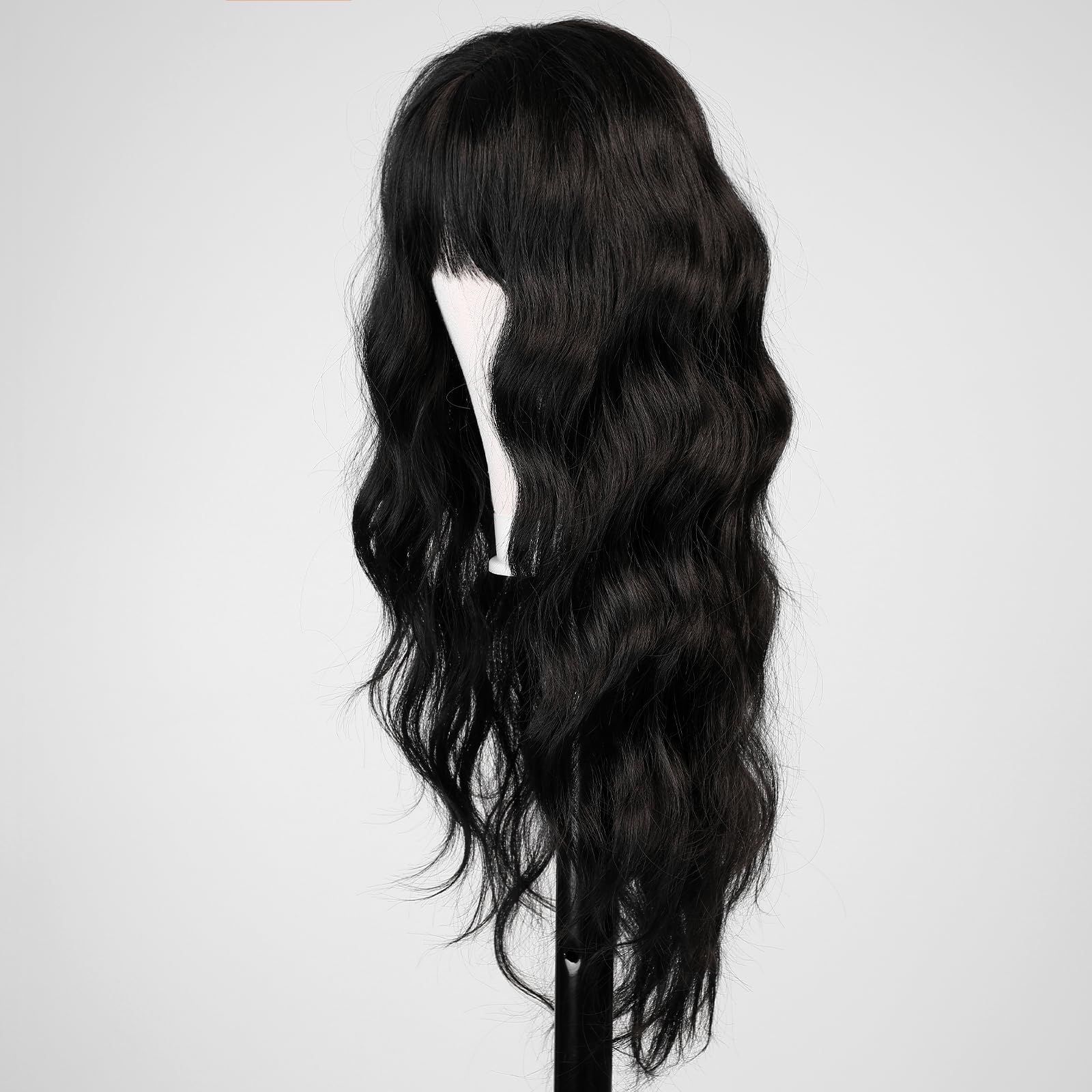 Black Wig with Bangs for Women Long Wavy Hair Wig Black Wig Curly Wavy view 2