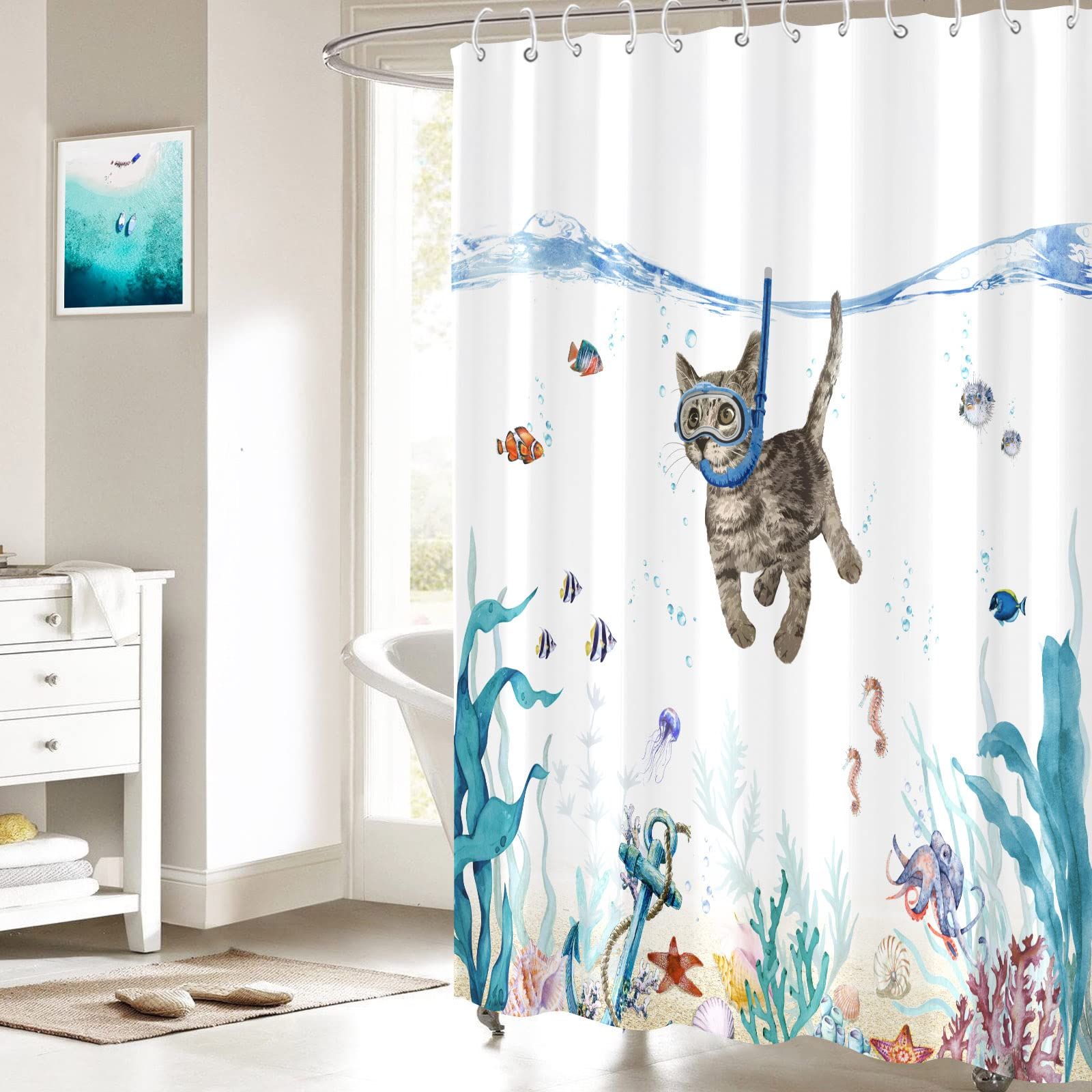Funny Cat Shower Curtain Teal Blue Sea Ocean Waterproof Fabric Shower Curtains view 2