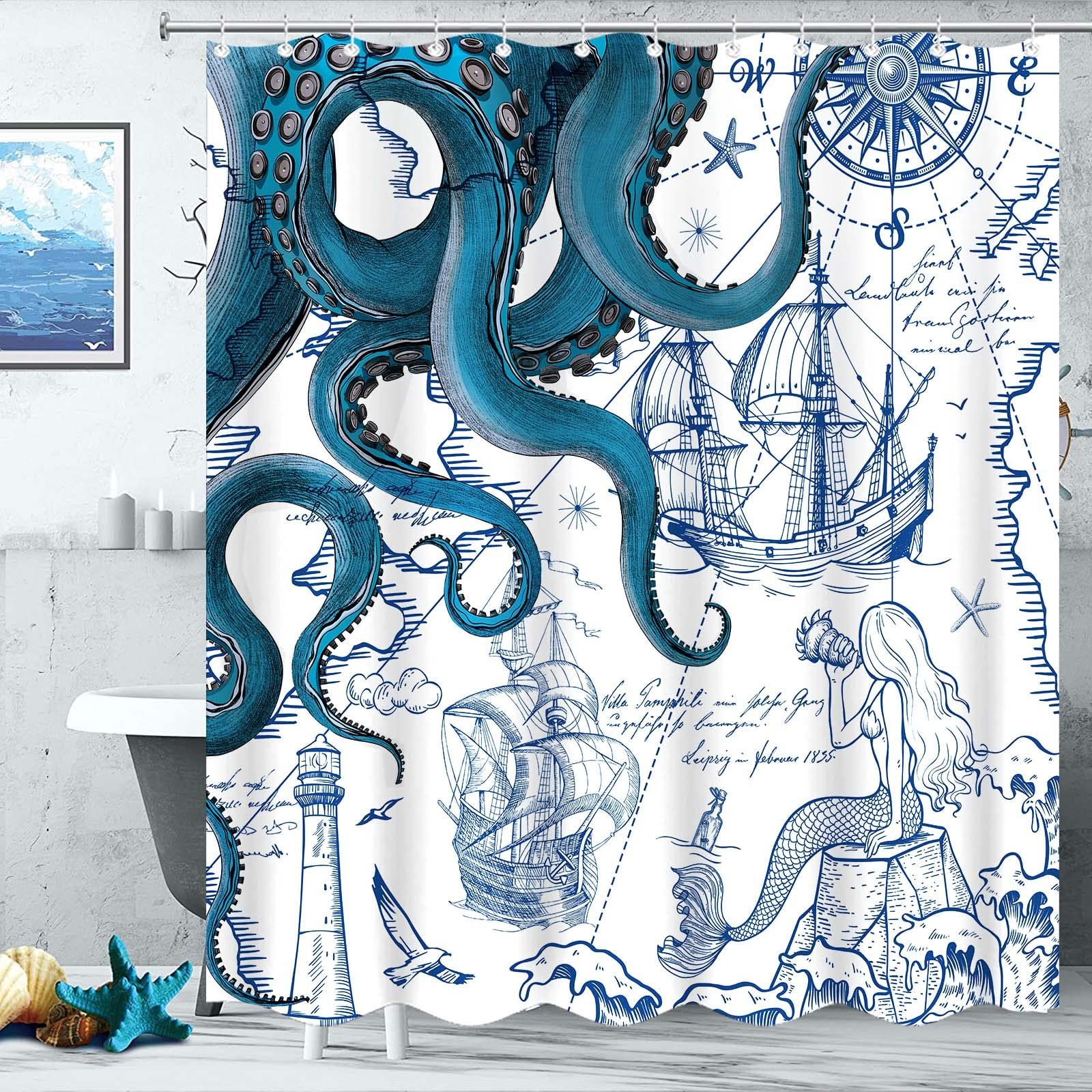 Blue Nautical Octopus Shower Curtain Navy Mermaid Funny Ocean Kraken Shower view 2